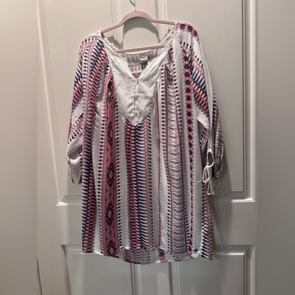 Roxy White Mini Dress with Pink and Navy Geometric Stripes